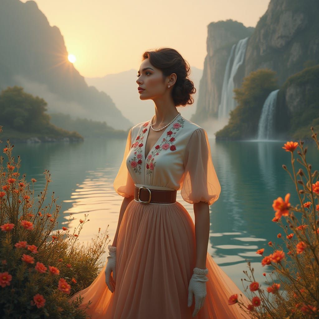 Elegant Woman in Surreal Vintage Landscape