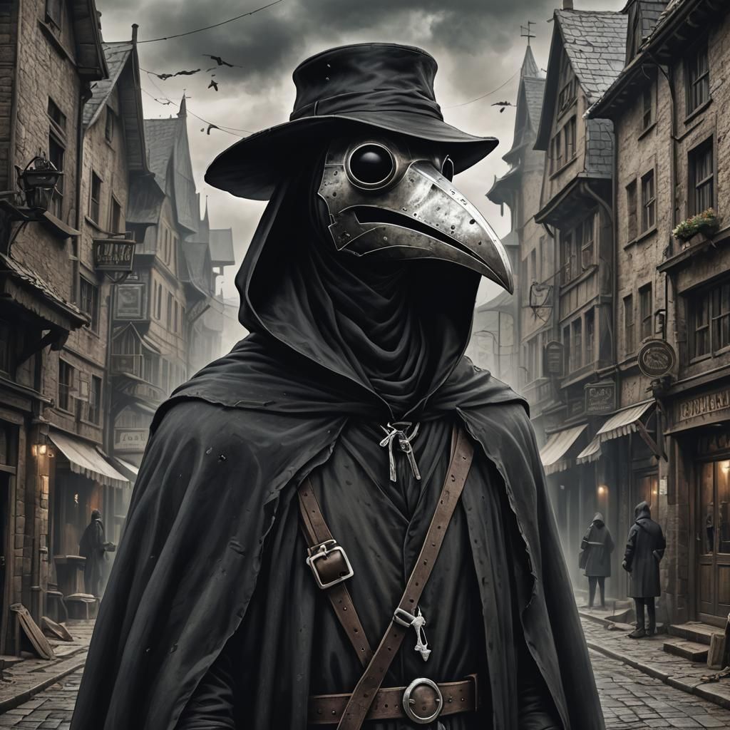 Lonely Plague Doctor in Gloomy Town: Grimdark Art
