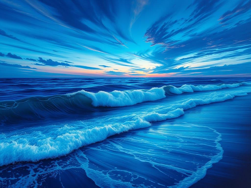 Blue Ocean Dreamscape Oil Painting at Twilight