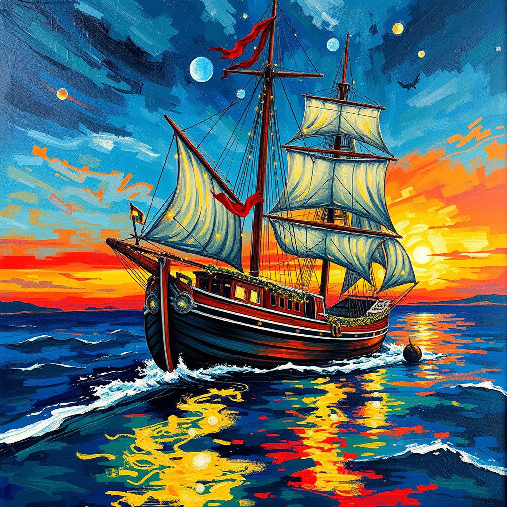 Christmas Ship on Stormy Sea in Abstract Expressionist Style