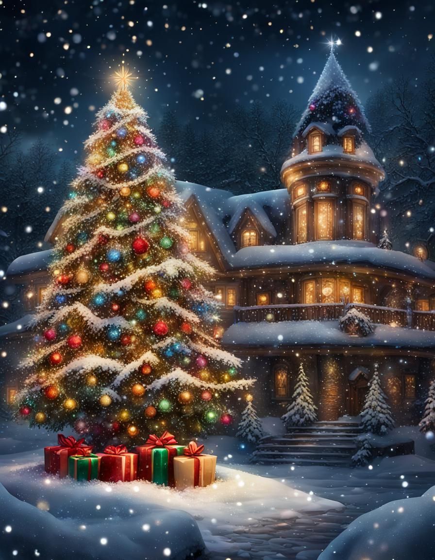 Sparkling Christmas Tree in Snow at Night