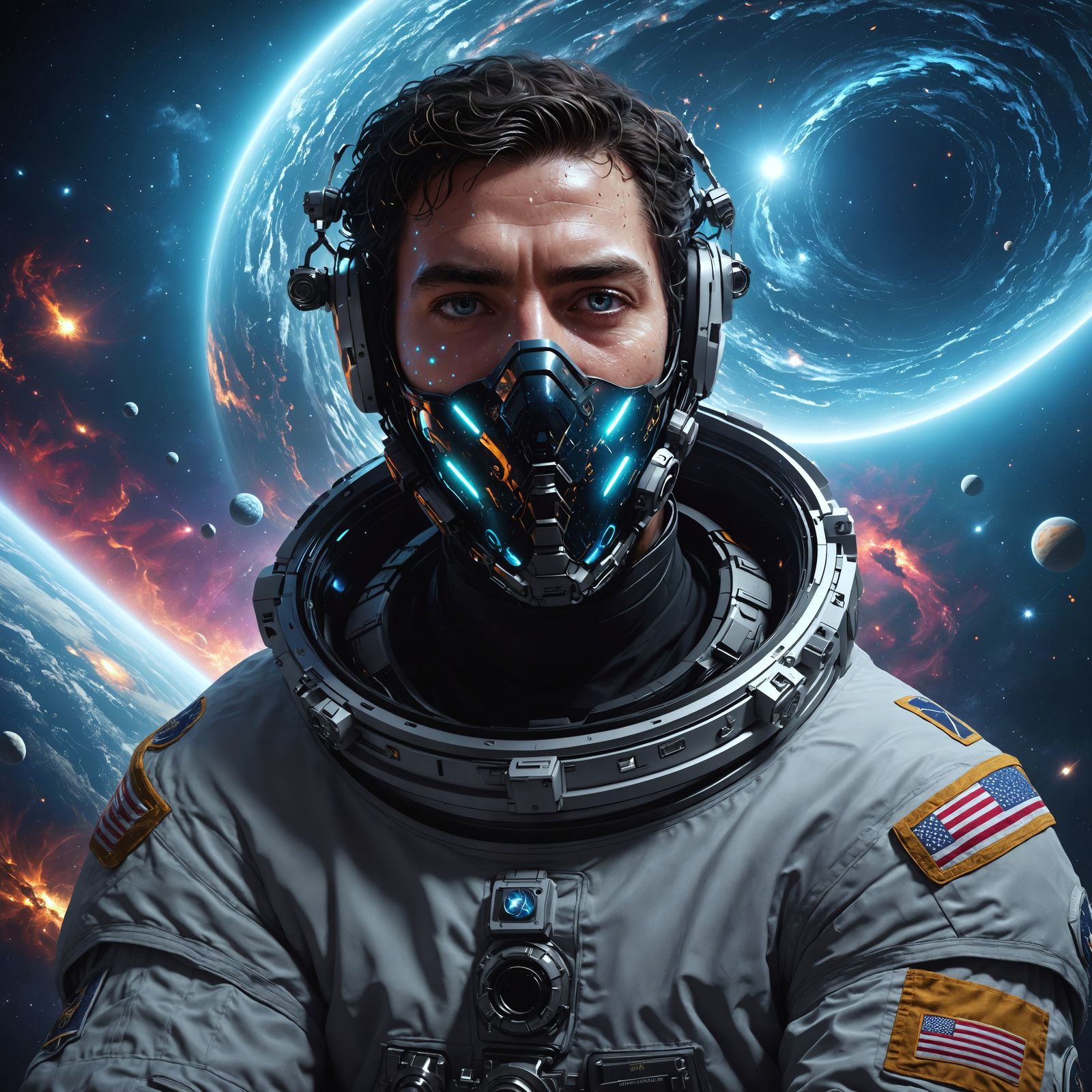 Astronaut Portrait in Swirling Galaxies