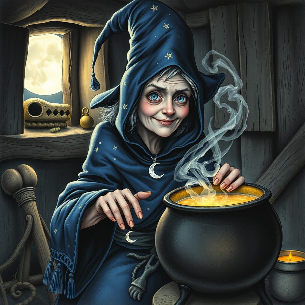Enchanting Witch Stirs Magic Cauldron in Moonlit Cottage