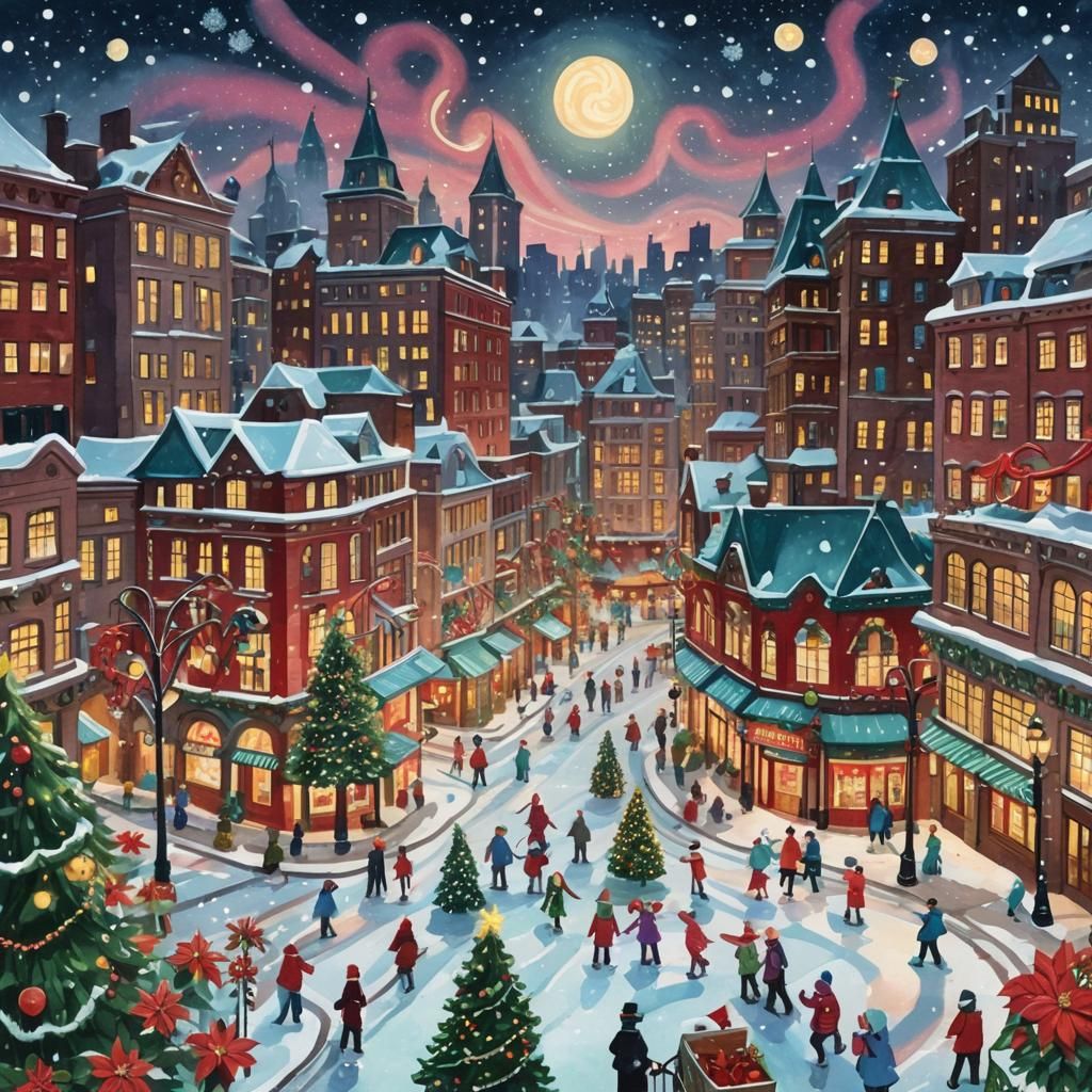 Festive Christmas City Square in Whimsical Gouache Style
