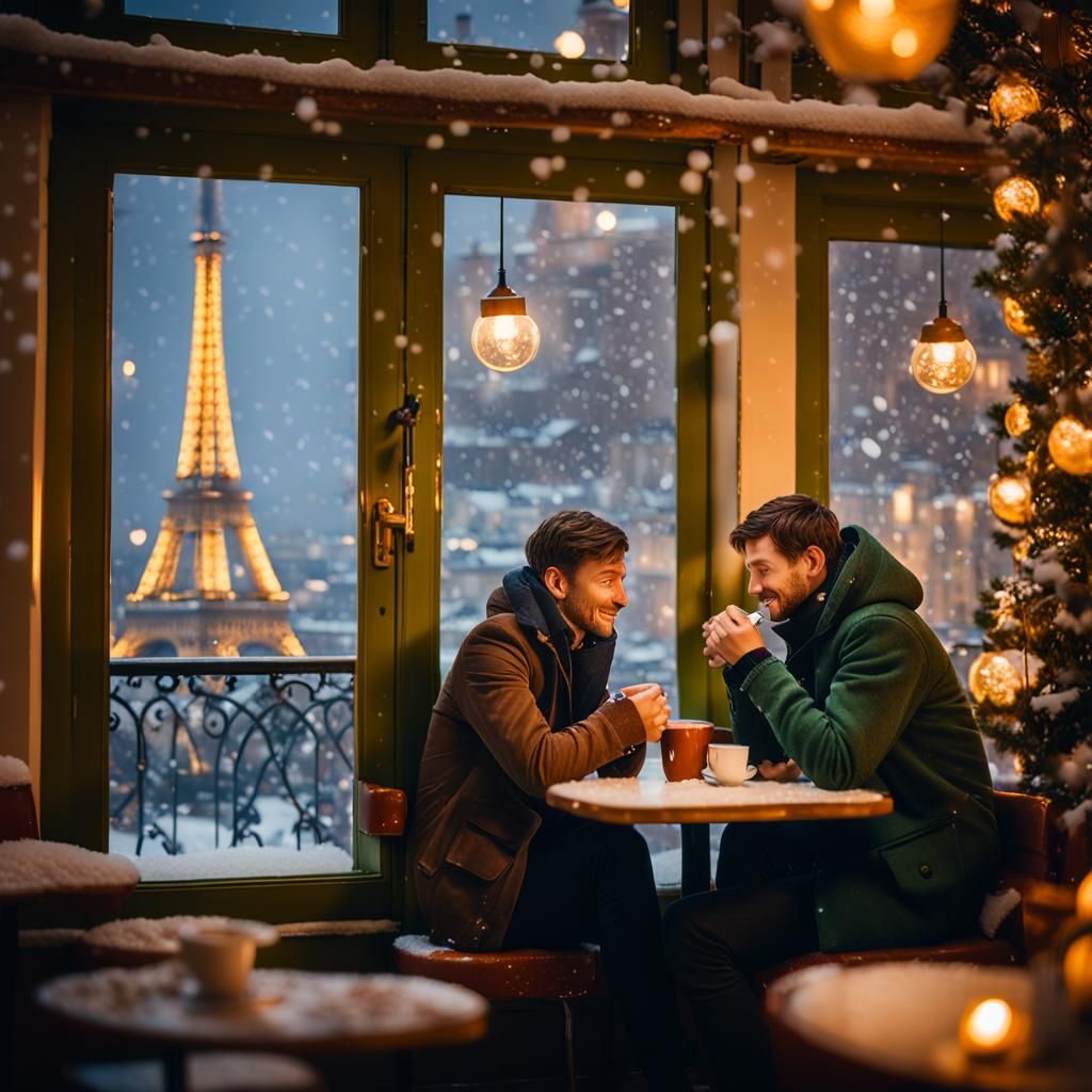 Romantic Paris Cafe Portrait: Tender Love in Winter