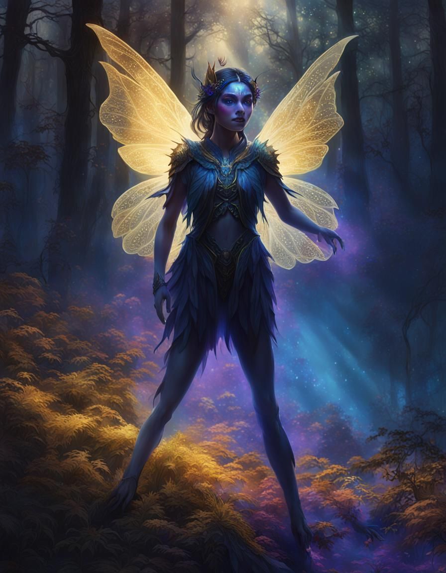 Dark Winged Fairy in Misty Forest, Fantasy Art