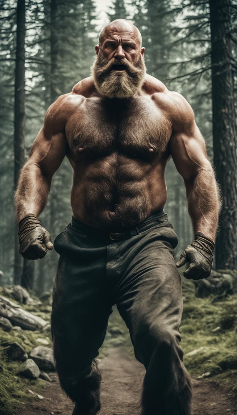 Man Dominating Grizzly Bear: Cinematic Film Still