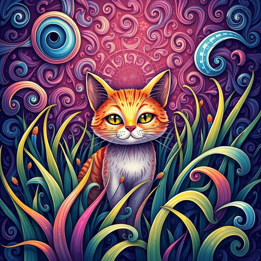 Whimsical Cat in Vibrant Grassland
