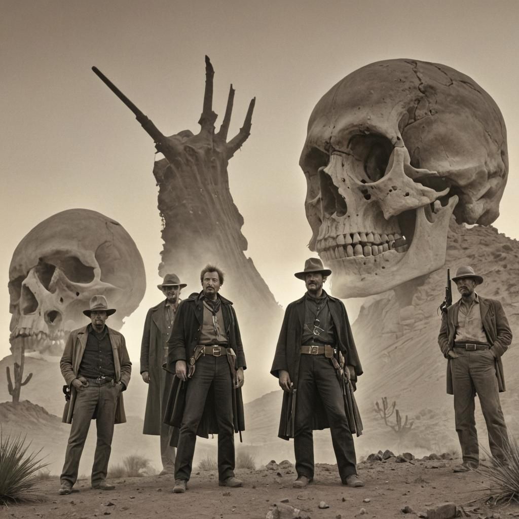 Backlit Cowboys in Desert Landscape, Neorealist Style