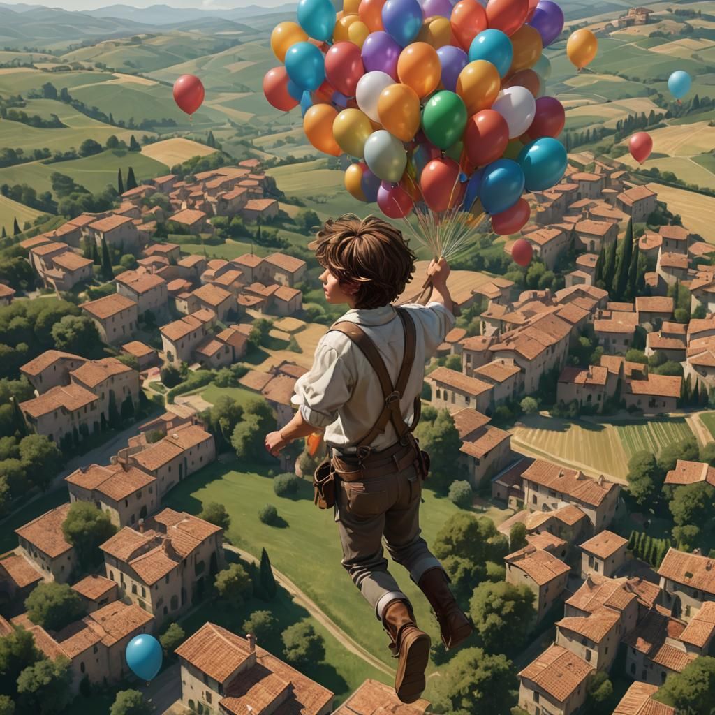 Boy Flies over Tuscany with Balloons, Hyperdetailed Art