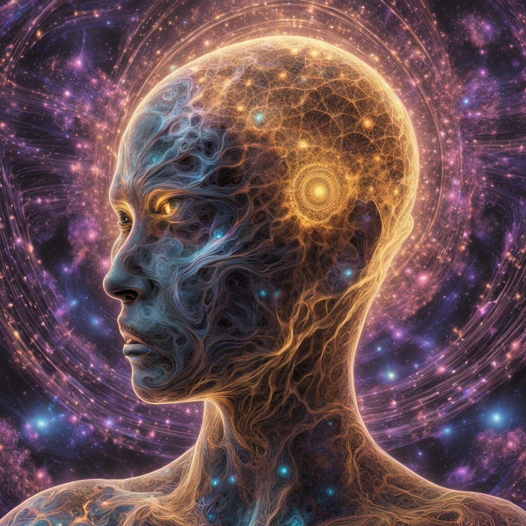 Fractal Human Form Exploding into Neon Particle Universes