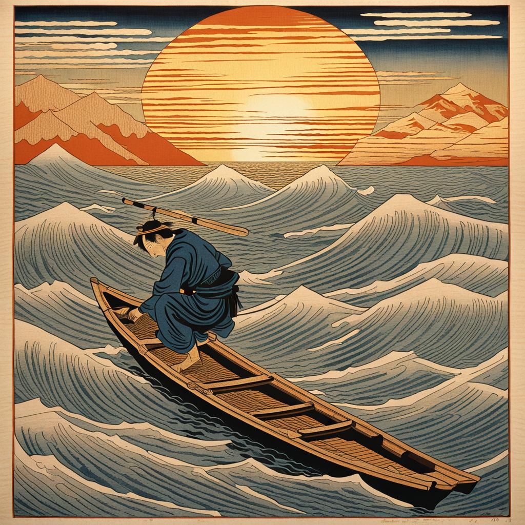 Japanese Fisherman on Boat: Ukiyo-e Style Sunset Print