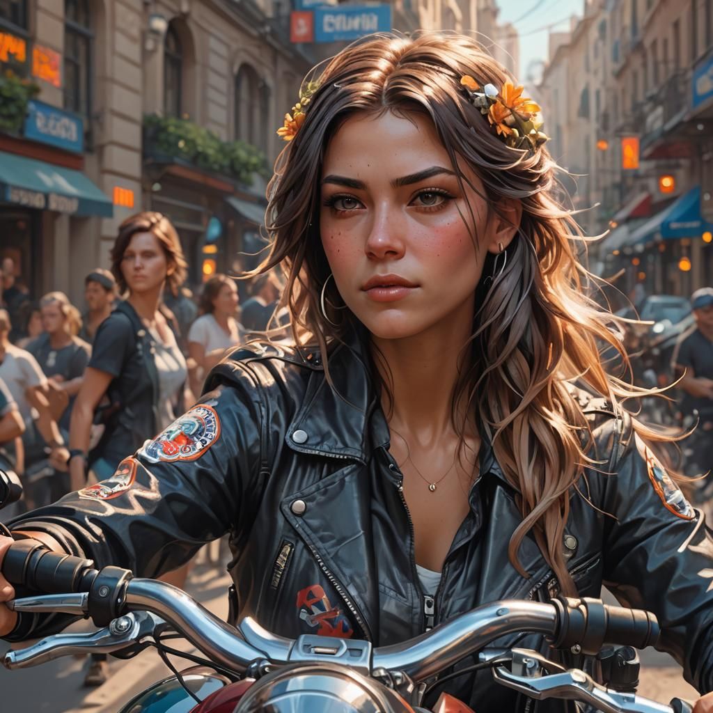 Hyperdetailed Portrait of a Summer Biker Chick
