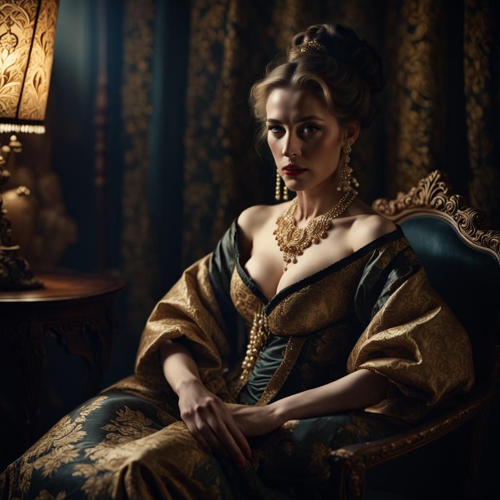 Hyperrealistic Courtesan in Dark Ambiance