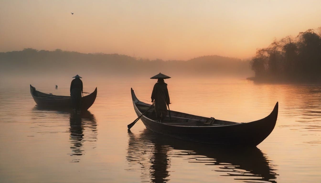 Misty Dawn Fishermen with Glowing Lanterns