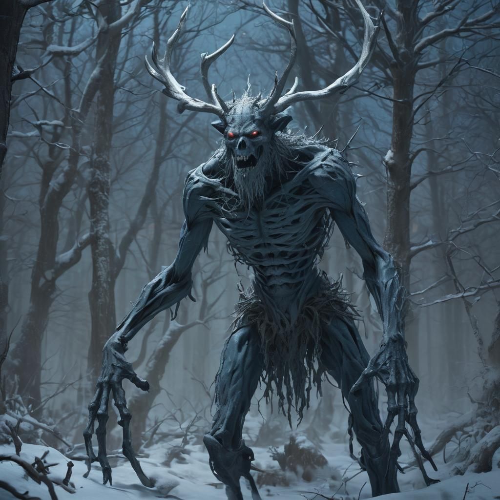 Wendigo in Dark Forest: Gothic Fantasy Illustration