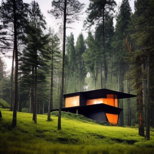 Abstract Black House on Hill in Wild Forest
