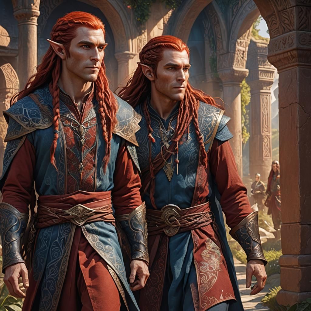 A tall male  elf with long red hair, blue eyes and wearing a...