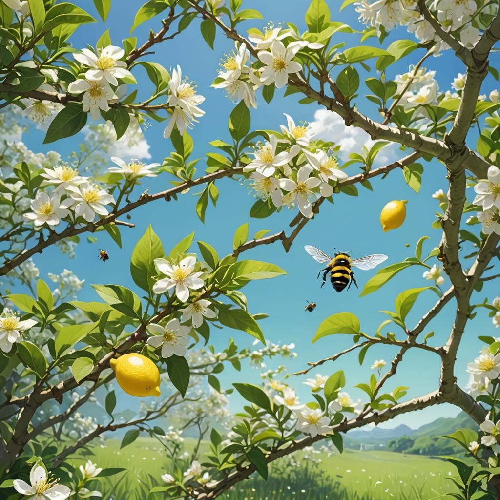 Lemon Tree in Meadow: Anime-Style Visual