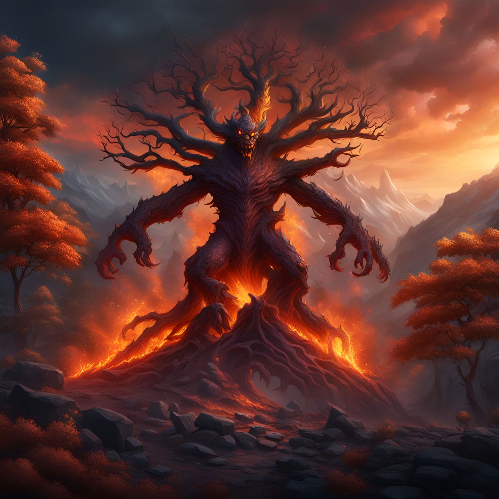 Mountain Fire Tree Demon in Fantasy Concept Art