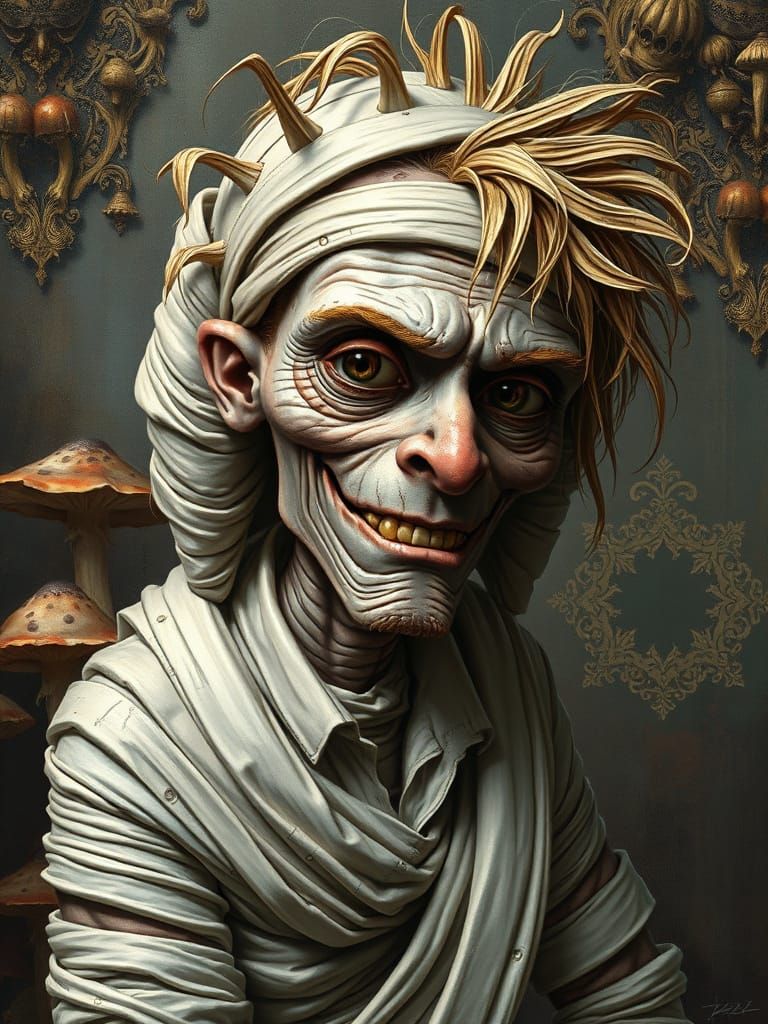 Grotesque Mummy Caricature in Joyful Chaos