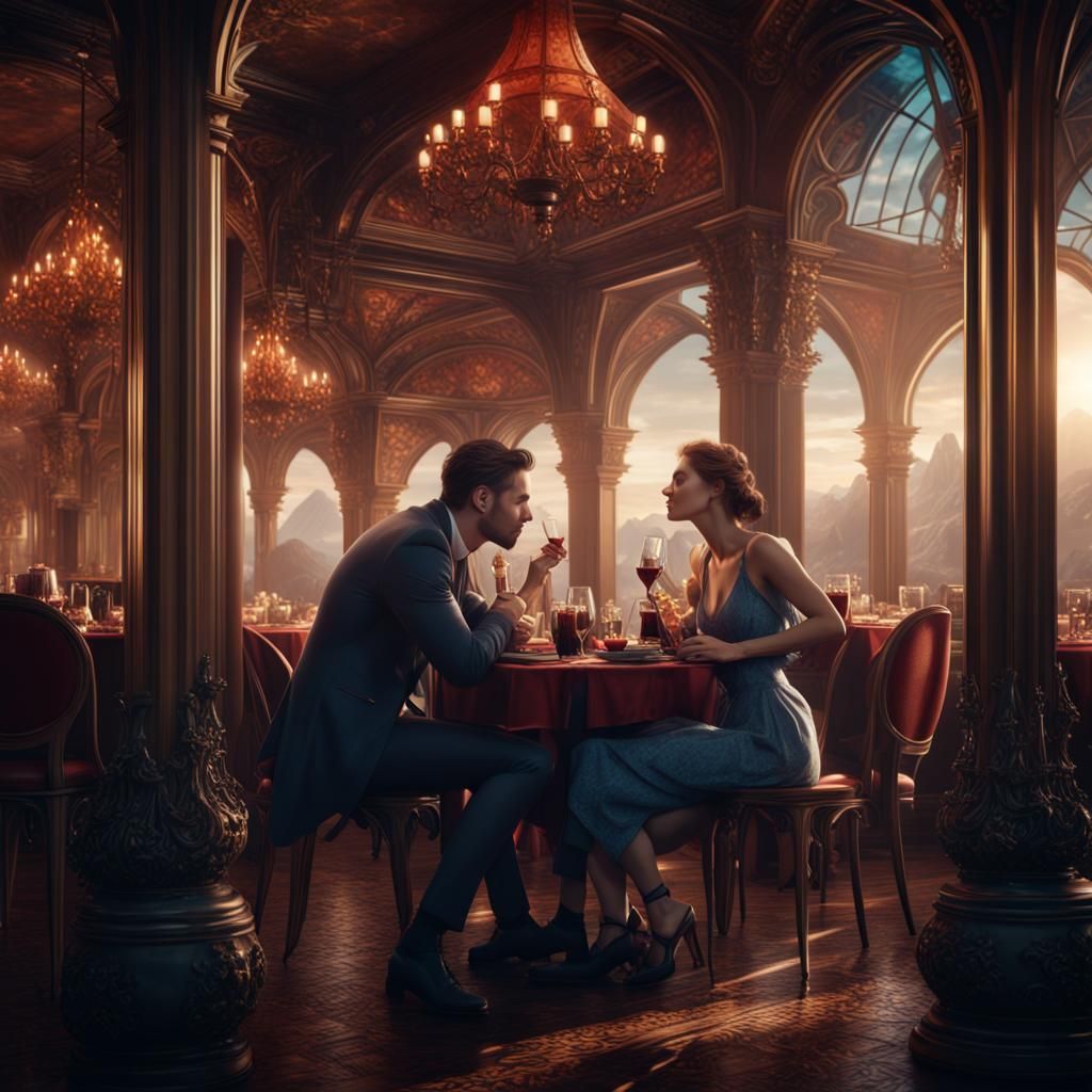 Romantic Restaurant Kiss: Detailed Fantasy Concept Art