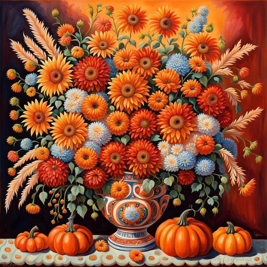 Autumn Flowers in Antique Vase Gouache Painting