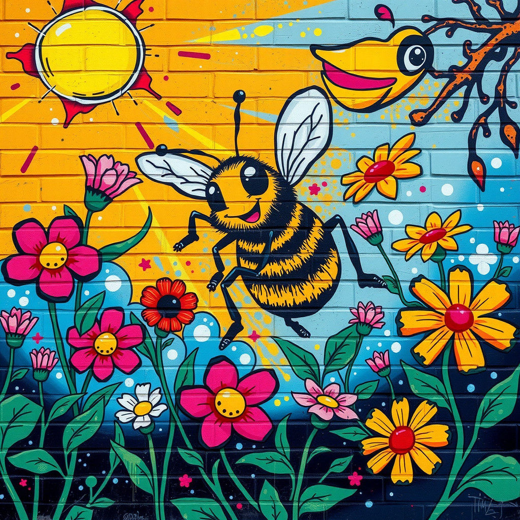Bee Mural in Vibrant Street Art Style