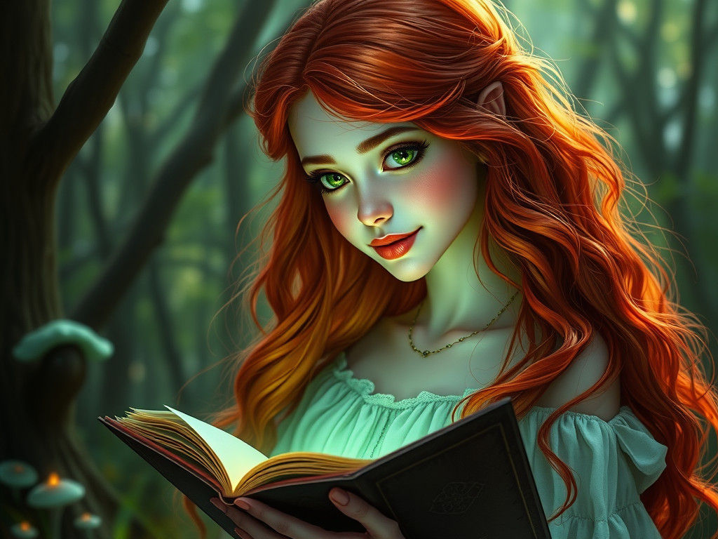 Ethereal Green Witch in Enchanted Forest, Faerie Art