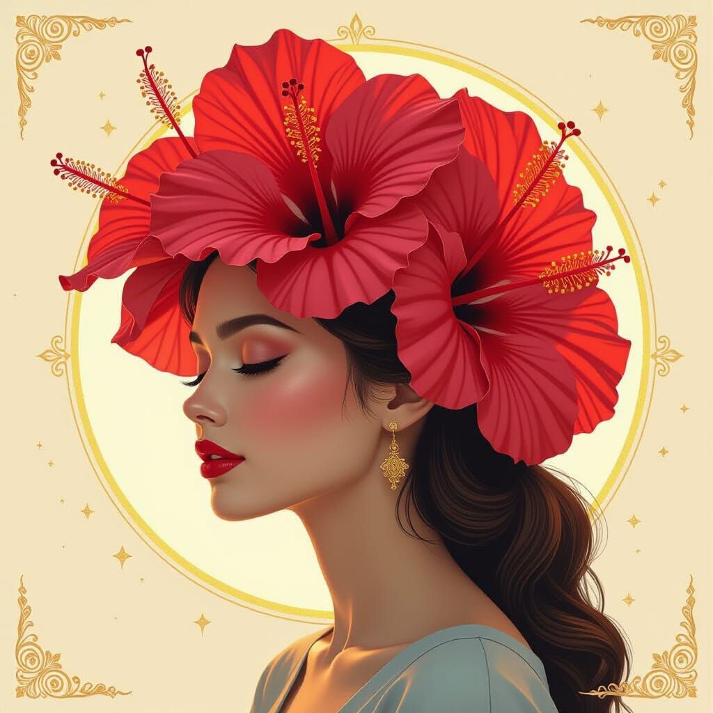 Hibiscus Crowned Woman in Photoreal Digital Painting