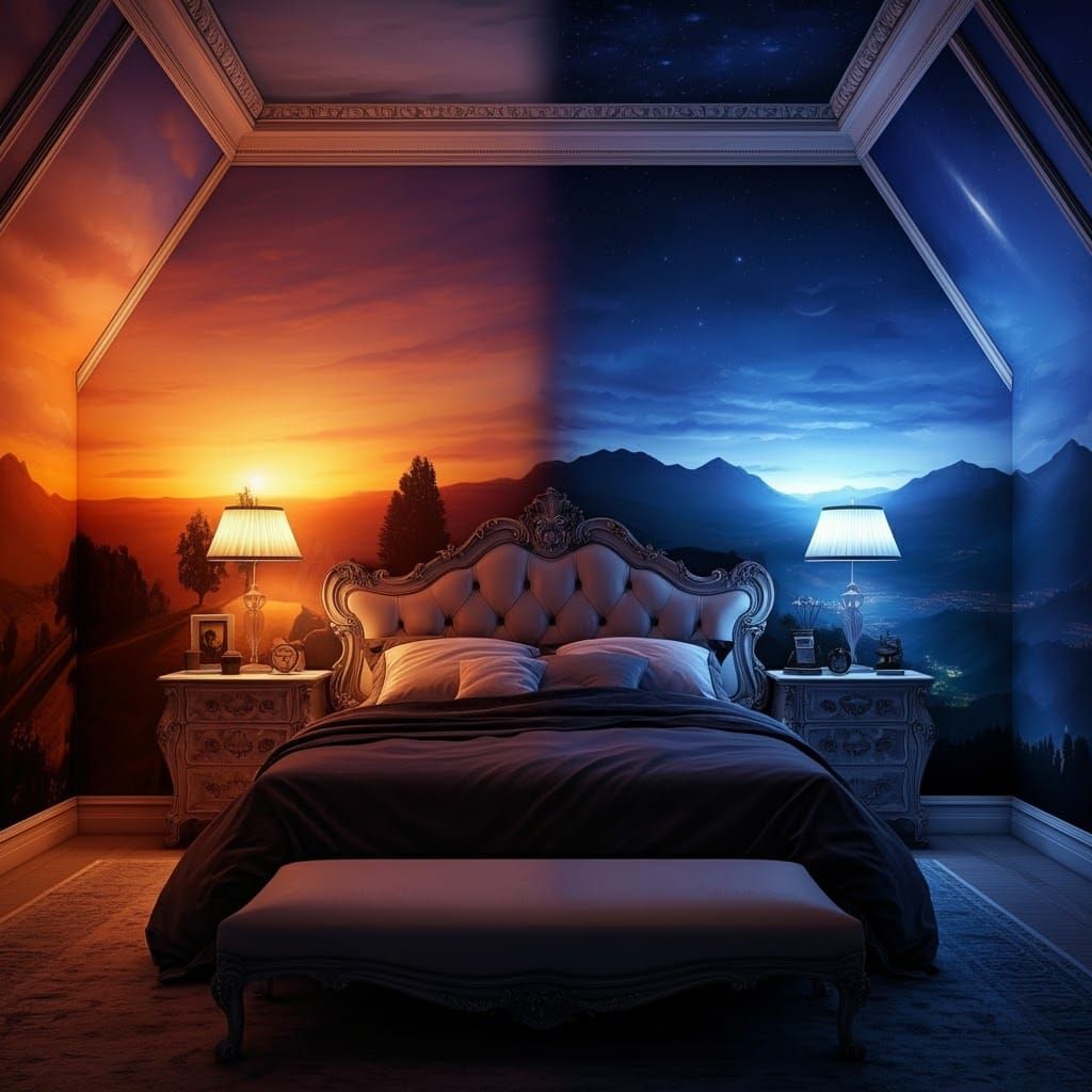 Luxurious Bedroom with Sunrise to Night Mural