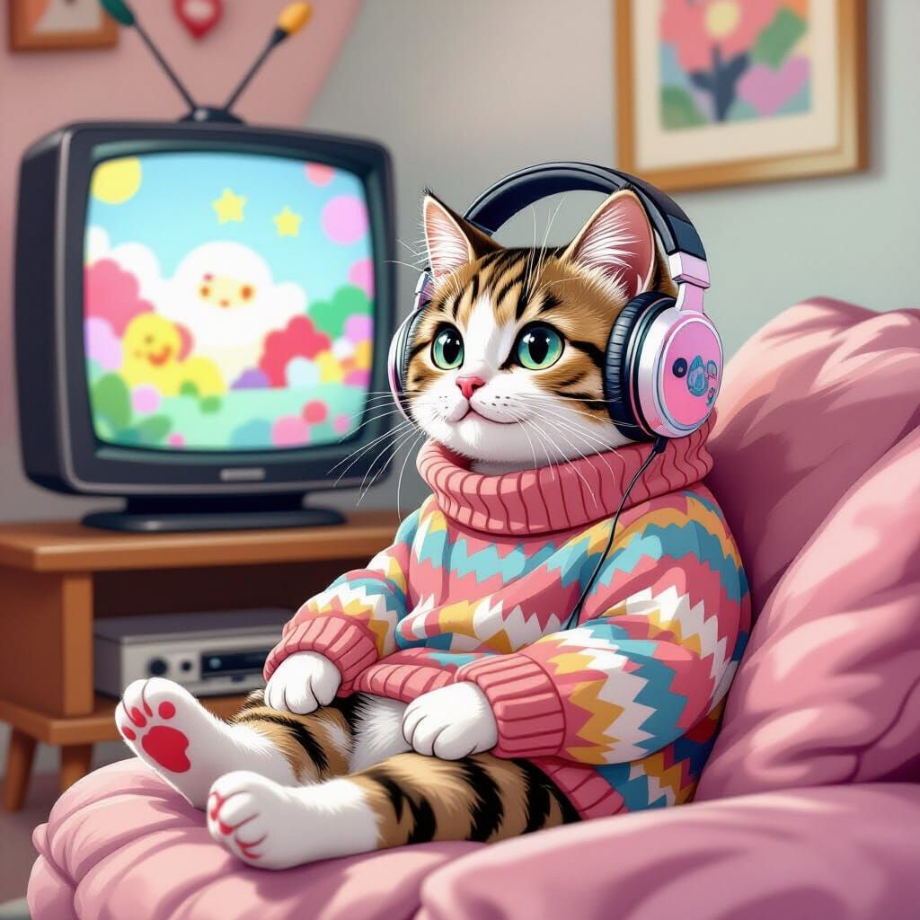 Cat with Headphones in Surreal Pop Art Style