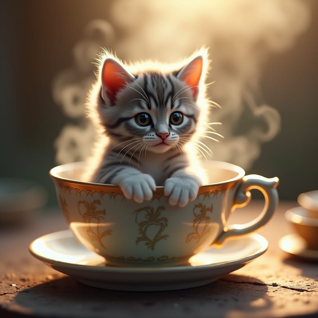 Grey Tabby Kitten in Teacup: Atmospheric Digital Art