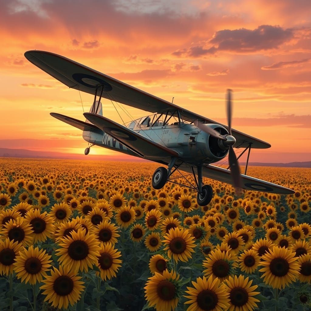 Vintage Biplane in a Sunset Field of Sunflowers