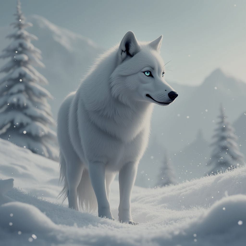 Ethereal Wolf in Snowy Landscape as 3D Concept Art