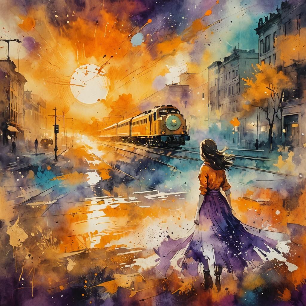 Girl Waving at Train in Modern Ink Painting