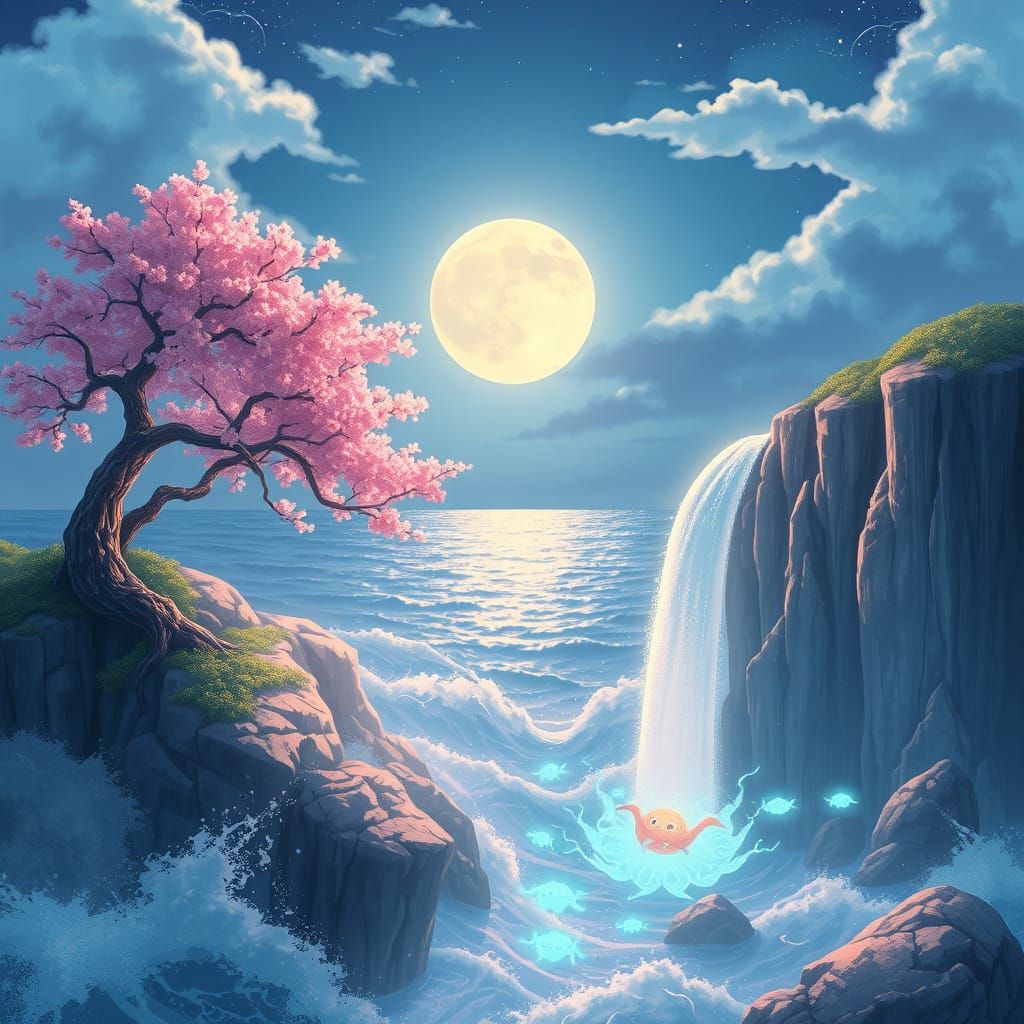 Bioluminescent Waterfall Fantasy Landscape in Pastel Colors
