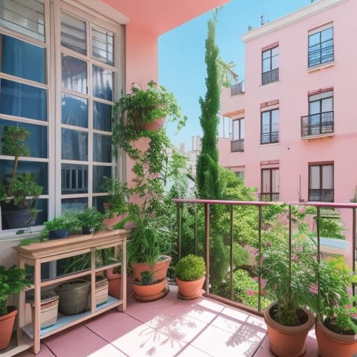 Pink and Blue Apartment with Plants in Sunlight