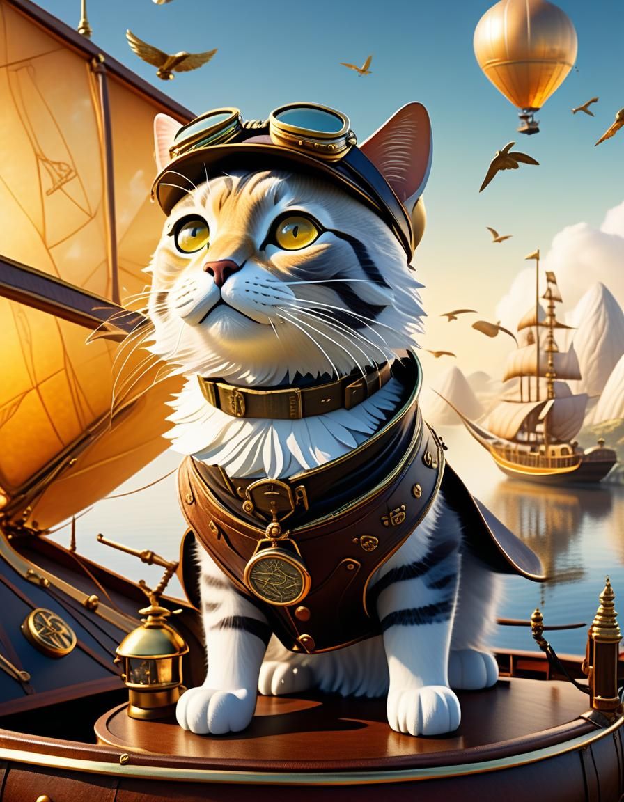 Steampunk Cat Captain in Dirigible with Brass Goggles