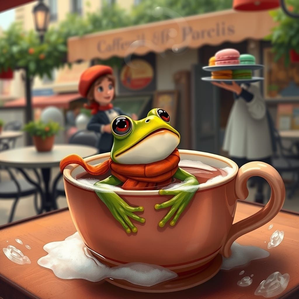 Frog in Espresso Cup: Whimsical Parisian Cafe Scene