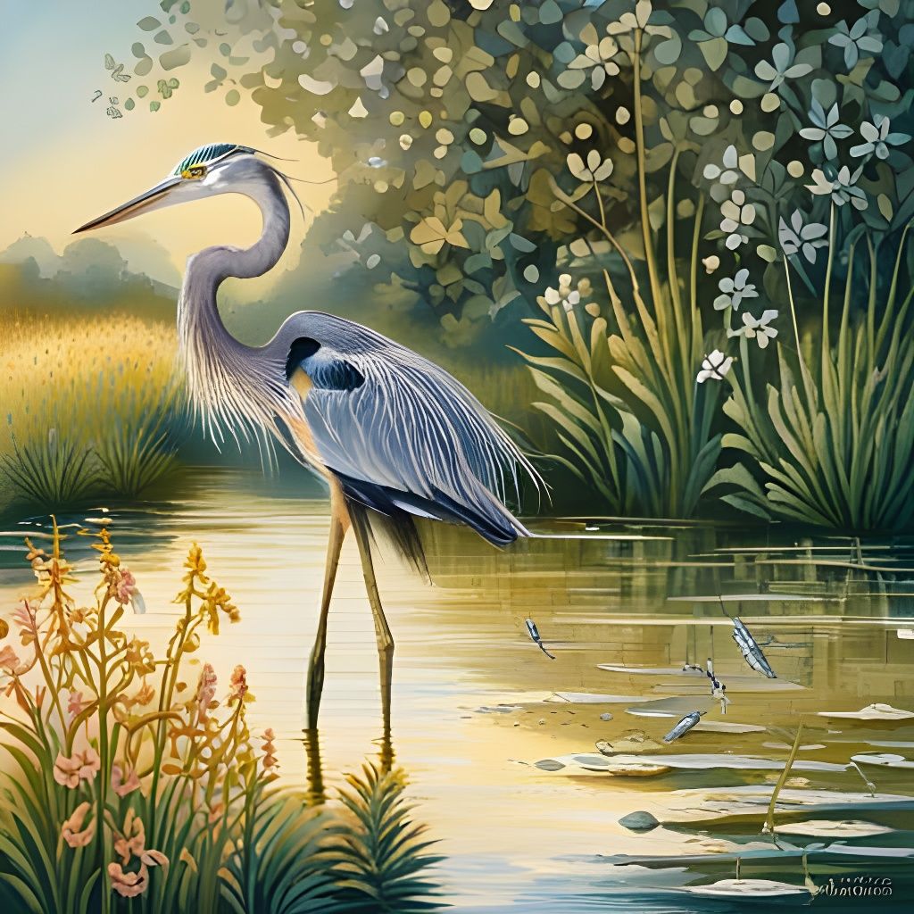Heron with Wildflowers in Morning Light