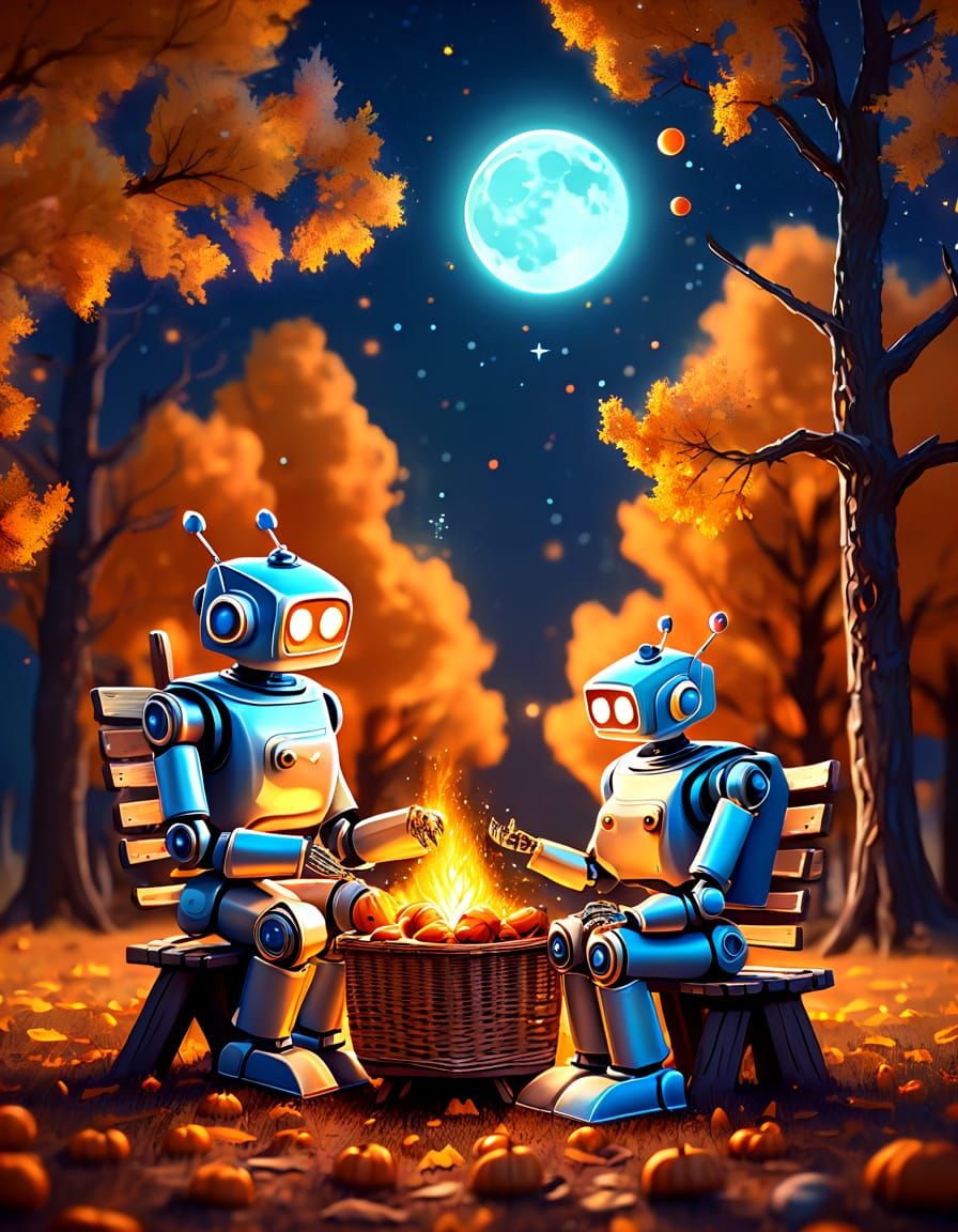Whimsical Robot Couple's Autumn Date Night