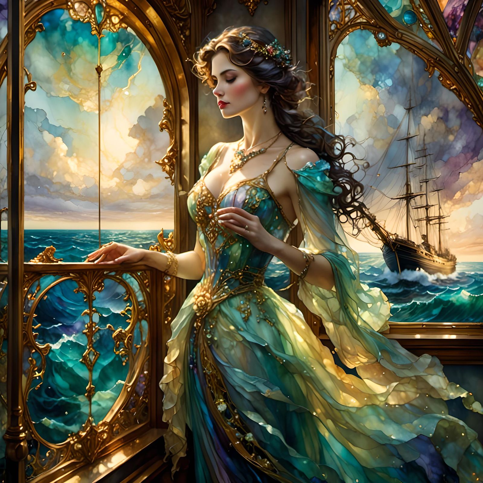 Woman Gazing at Sea: Fantasy Ink Drawing