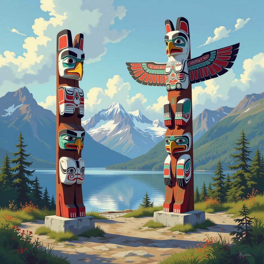Seaside Totem Poles With Mountains, Oil Painting