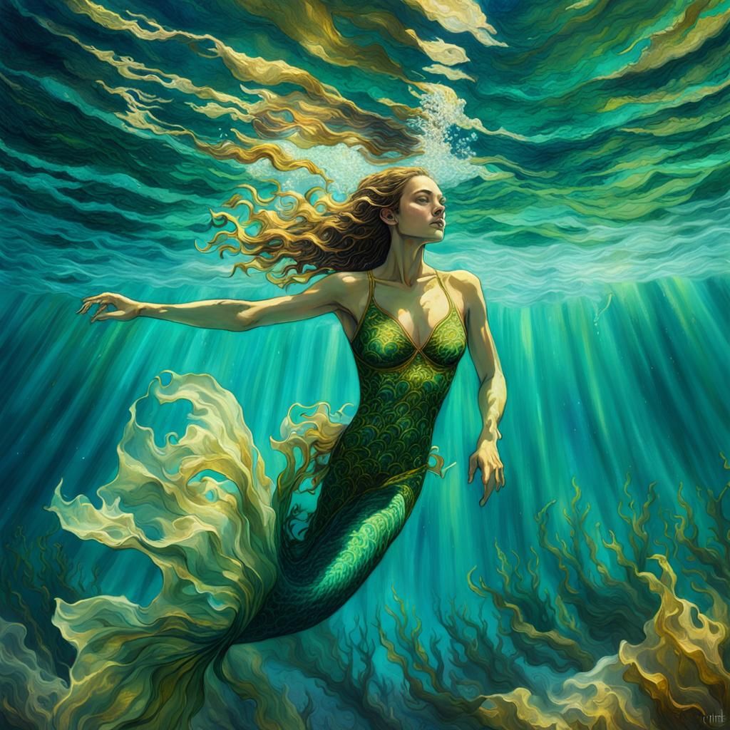 Girl Swimming in Green Ocean: Fantasy Concept Art