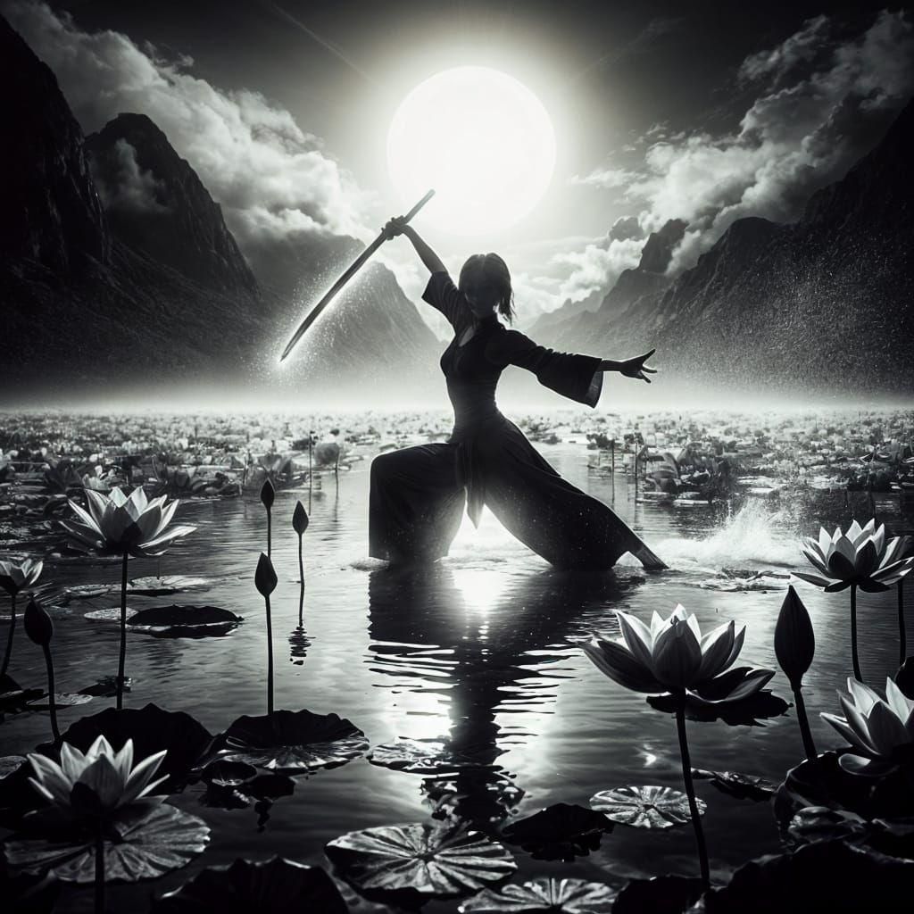 Silhouette Warrior with Glowing Sword Under Moonlight