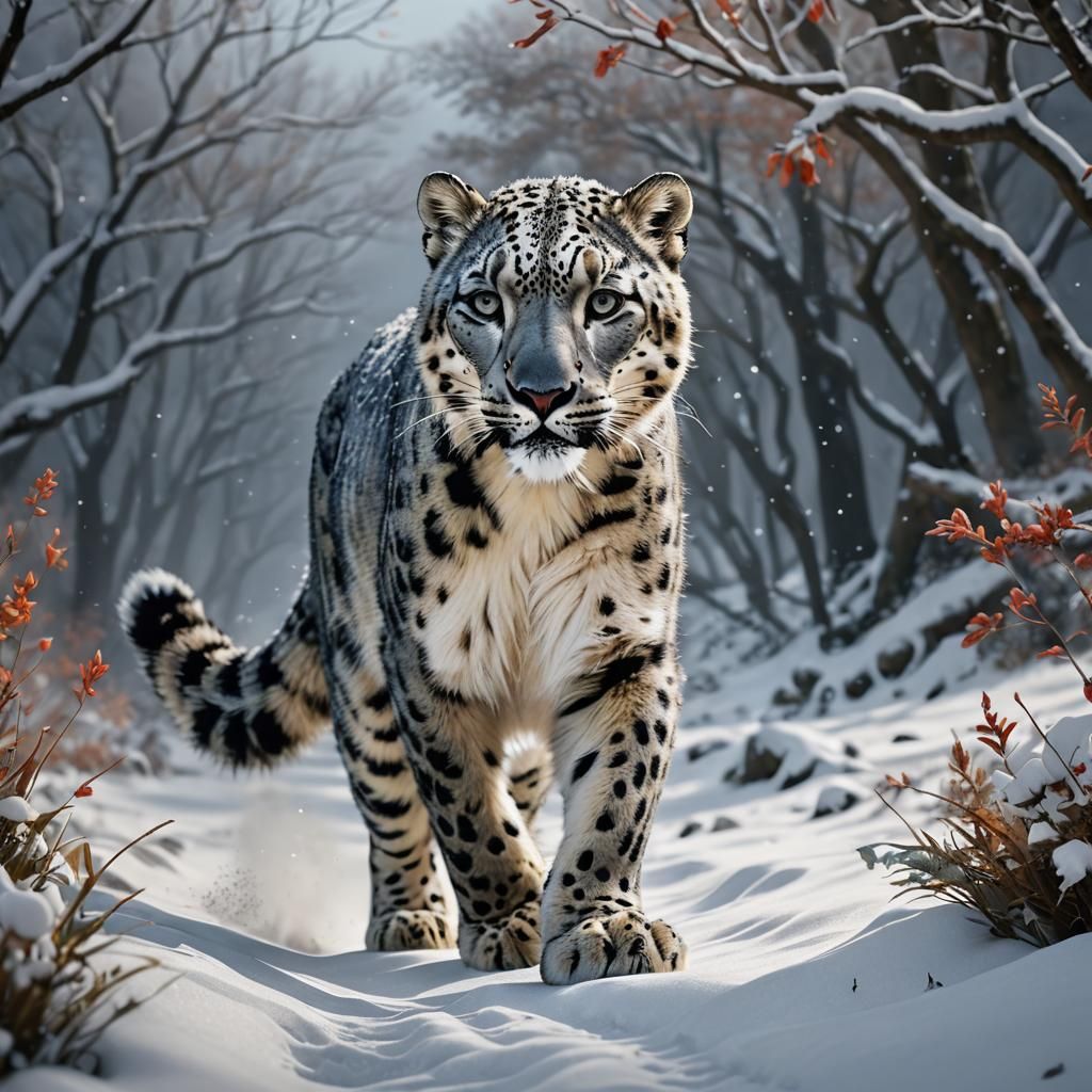Snow Leopard in Winter Wonderland: Fantasy Art