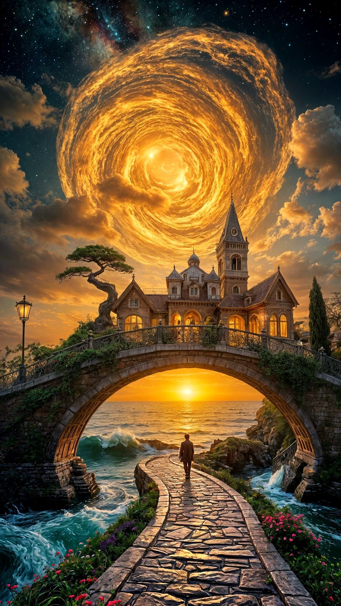 Dreamlike Venetian Bridge in Golden Night Sky