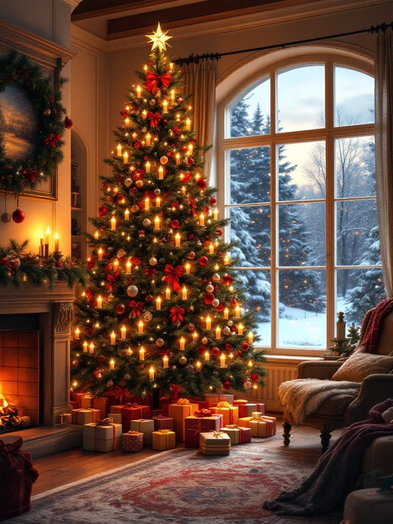 Festive German Christmas Tree with Fireplace and Snow