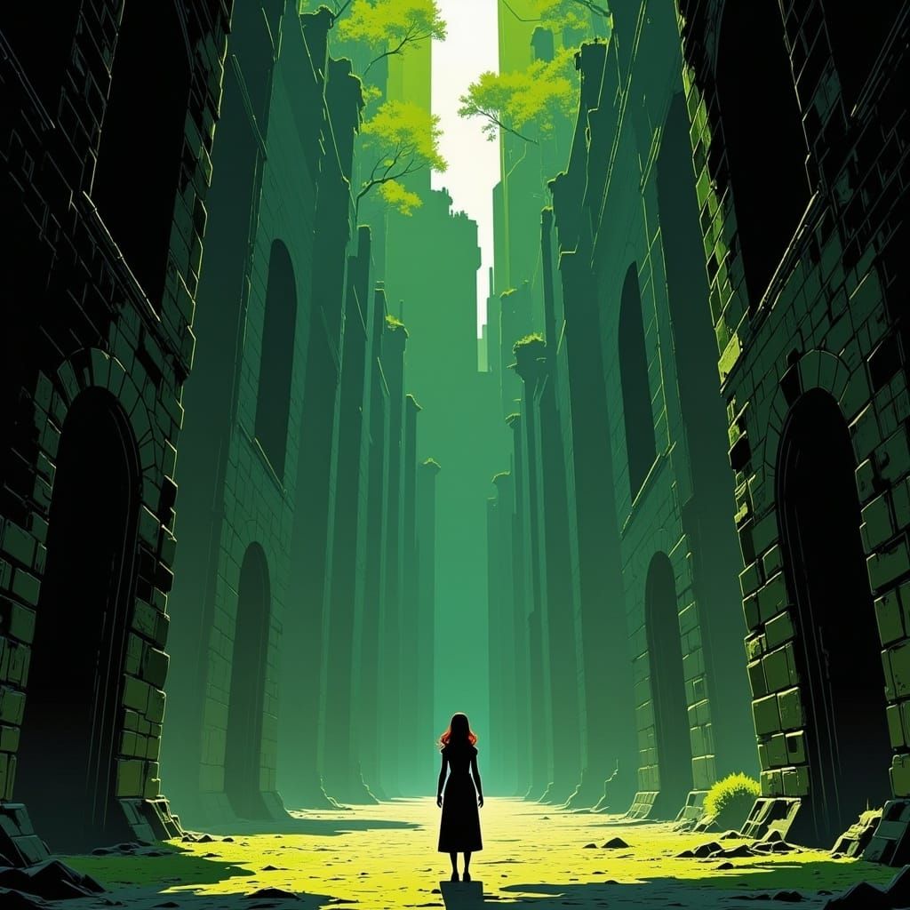 Sarah at the Labyrinth Entrance in Minimalist Illustration